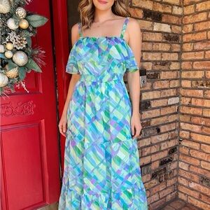 London Times Light Blue & Green Plaid Maxi Dress